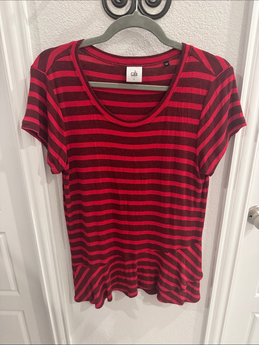 CAbi Red and Black Striped Scoop Neck Tee
